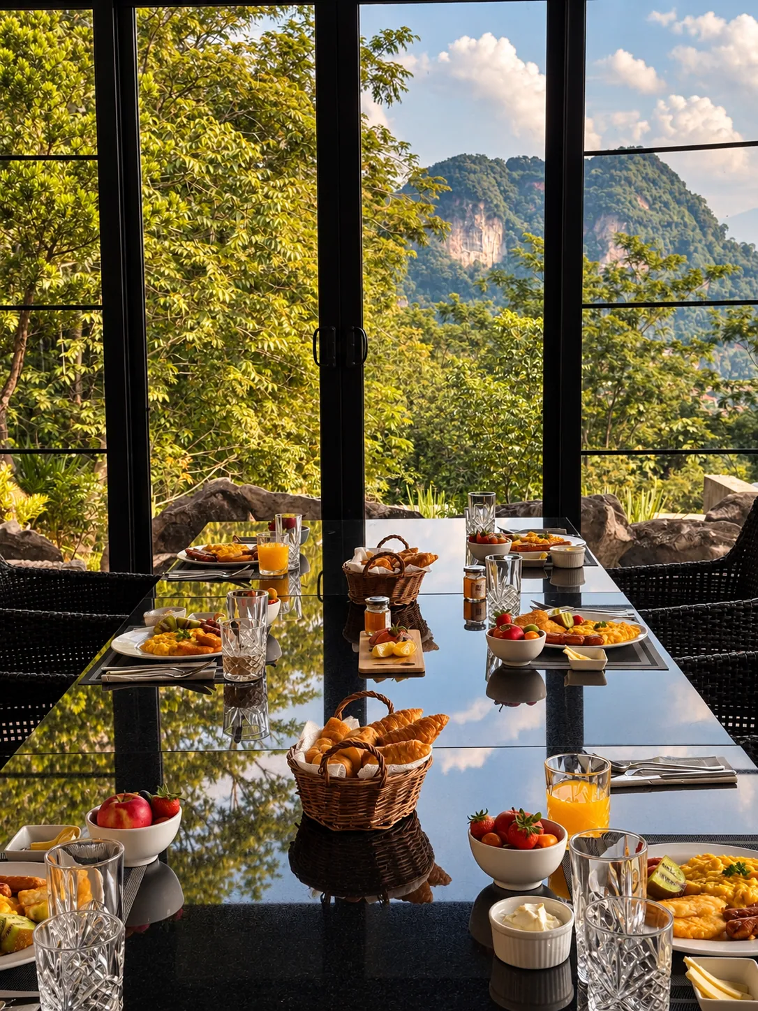 Breakfast laid out on the long table, the hills through the window