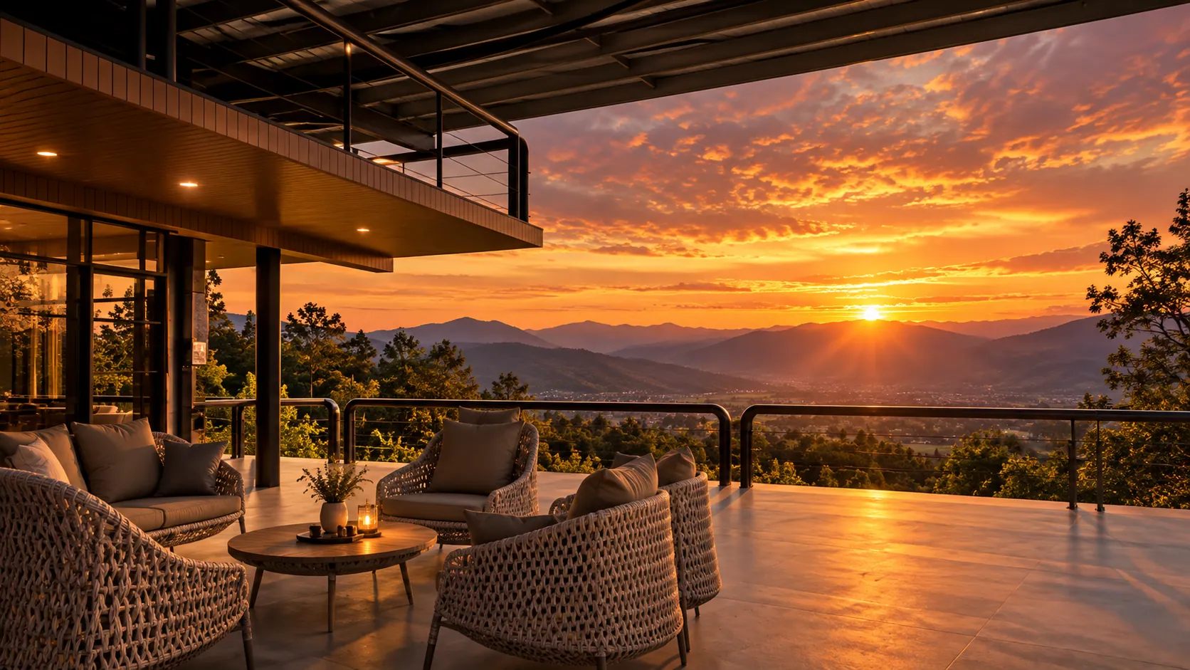 The terrace lounge at sunset, the valley below