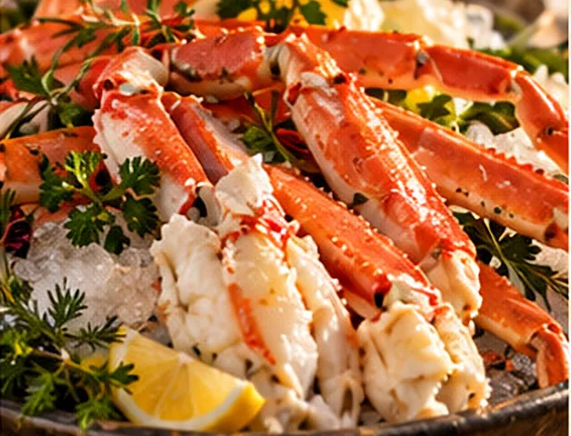 Snow crab legs piled on ice with lemon and herbs