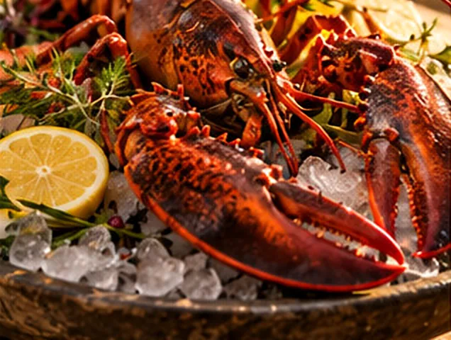 Whole lobsters on crushed ice with lemon