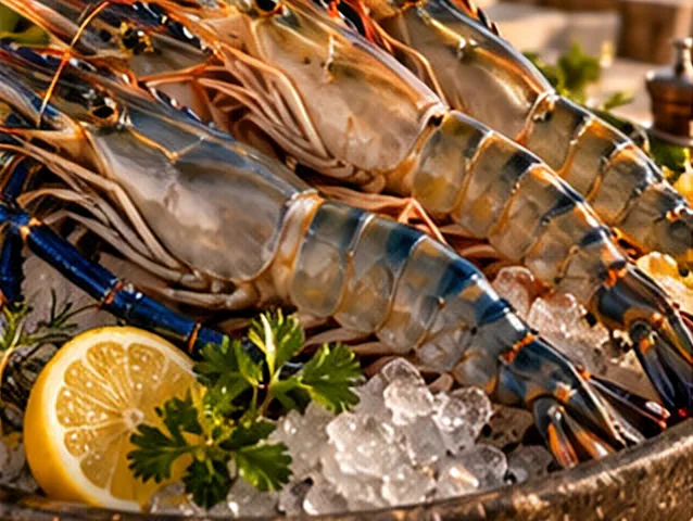 Large freshwater prawns on crushed ice with lemon and parsley