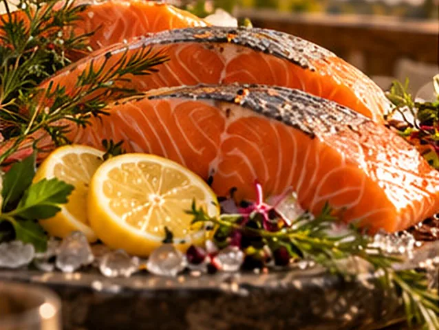 Fresh salmon fillets on ice with lemon slices and rosemary