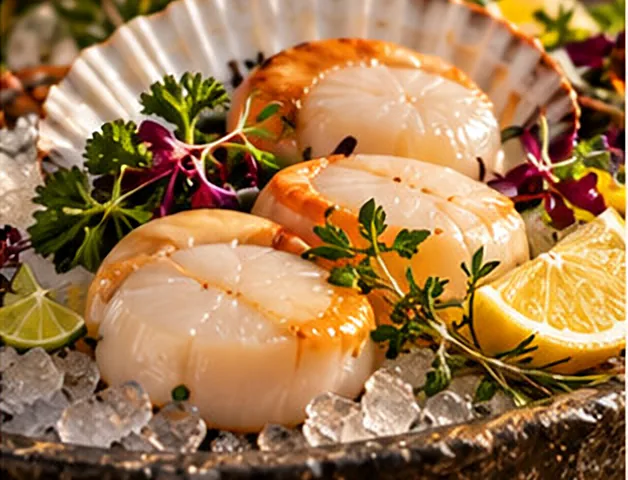 Seared scallops on crushed ice with lemon and herbs