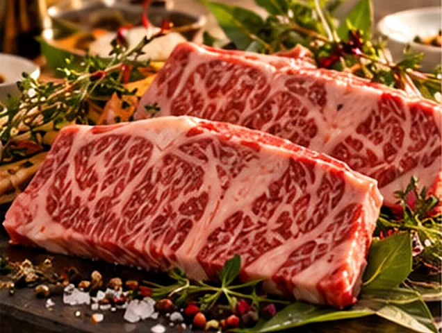 Two thick slices of marbled wagyu beef on a board with herbs and peppercorns