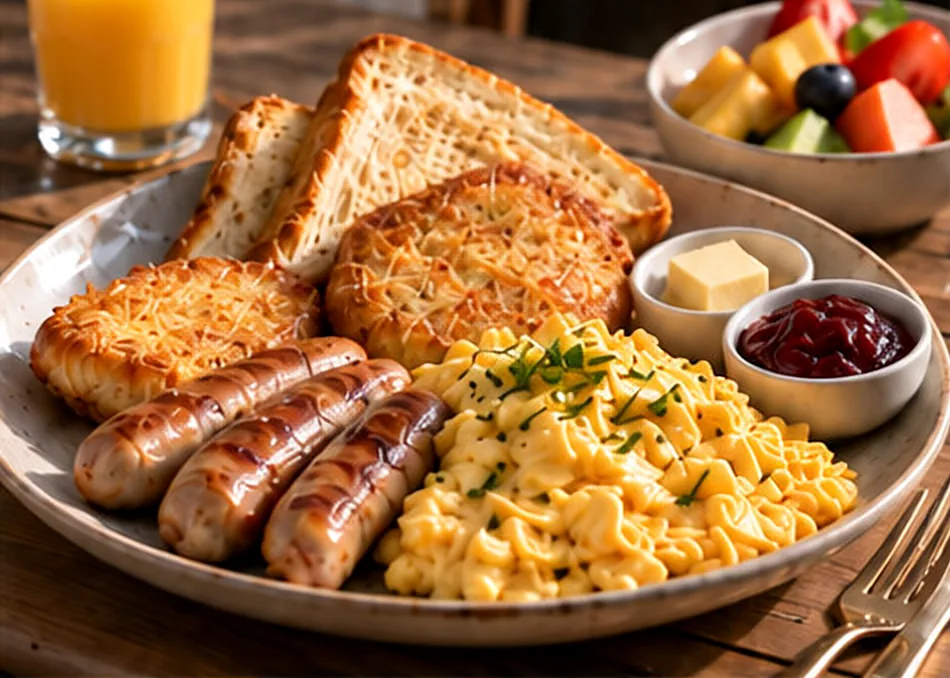 A plate of scrambled eggs, chicken sausages, hash browns and toast, with butter, jam, fruit and orange juice