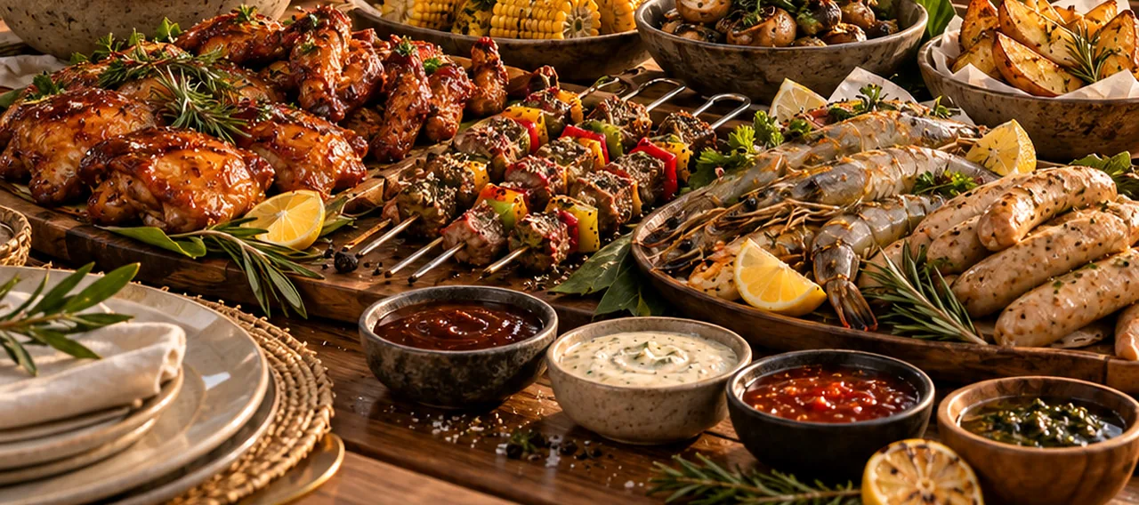 A BBQ spread ready for the grill: glazed chicken thighs and wings, pepper skewers, prawns, sausages, and bowls of dipping sauces