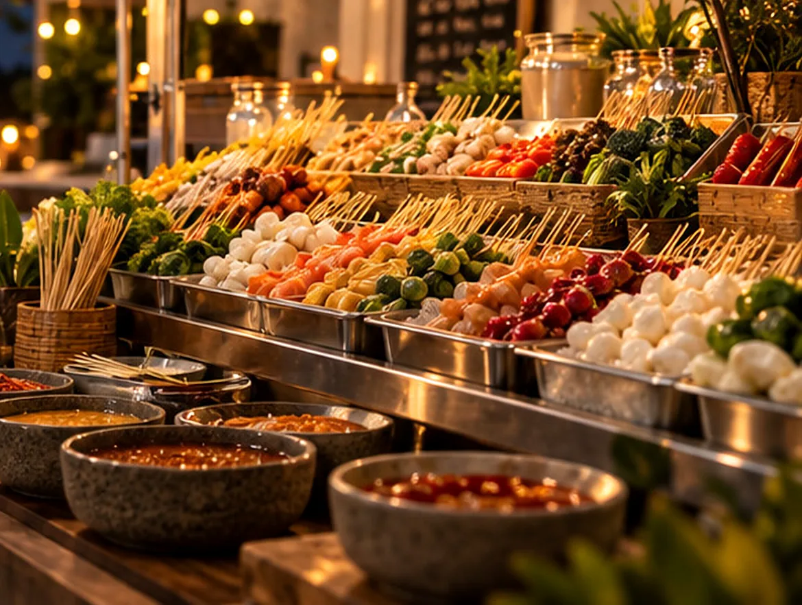 A lok-lok food station: rows of skewers over steel trays, with bowls of dipping sauces in front