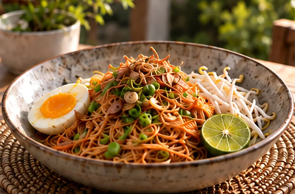 A bowl of stir-fried mee siam with a halved boiled egg, bean sprouts, spring onion and a lime half