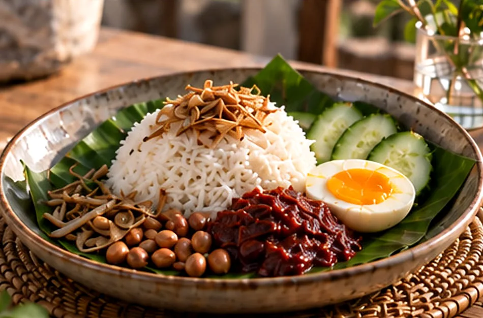 A bowl of nasi lemak on a banana leaf: coconut rice topped with crispy anchovies, sambal, a halved boiled egg, cucumber and peanuts