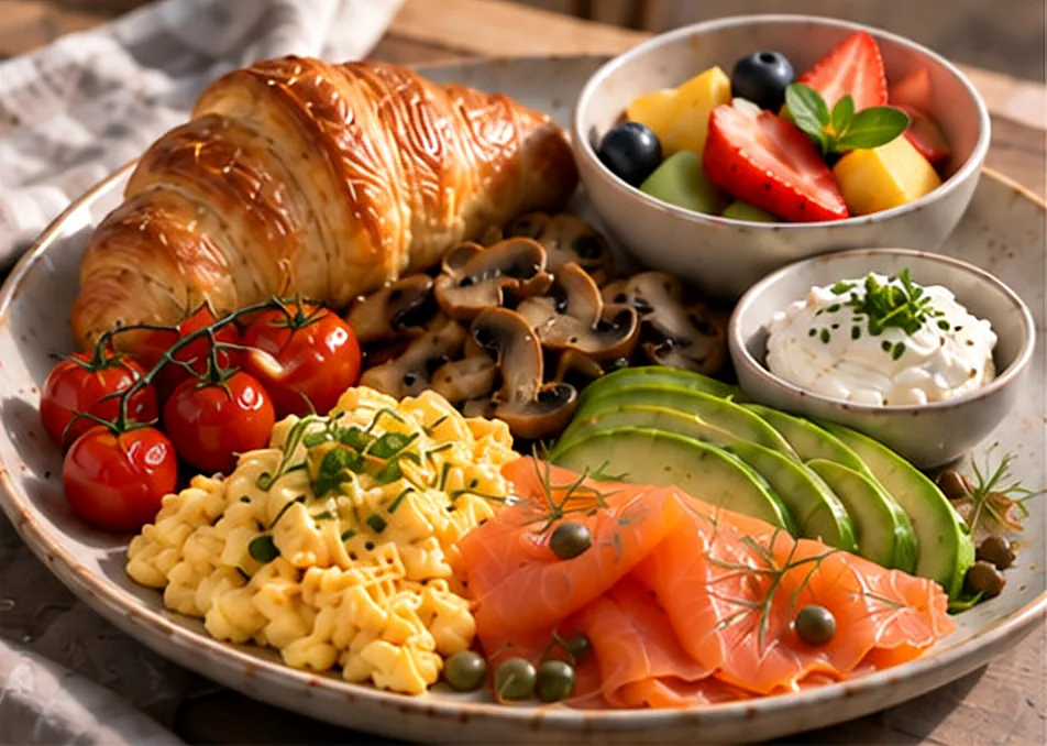 A plate of soft scrambled eggs, smoked salmon, a croissant, avocado, mushrooms and cherry tomatoes, with cream cheese and a bowl of fruit