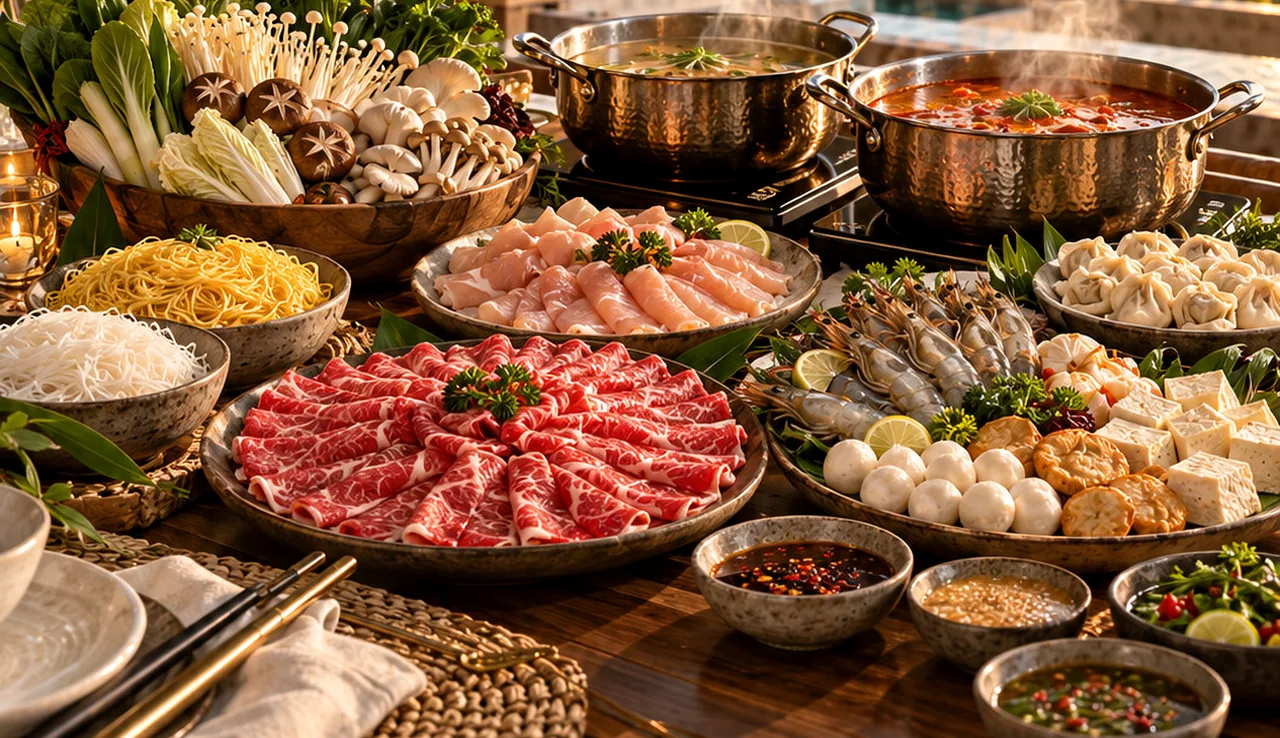 A steamboat spread with two pots of broth, sliced beef and chicken, prawns, fish balls, tofu, dumplings, mushrooms, greens and noodles