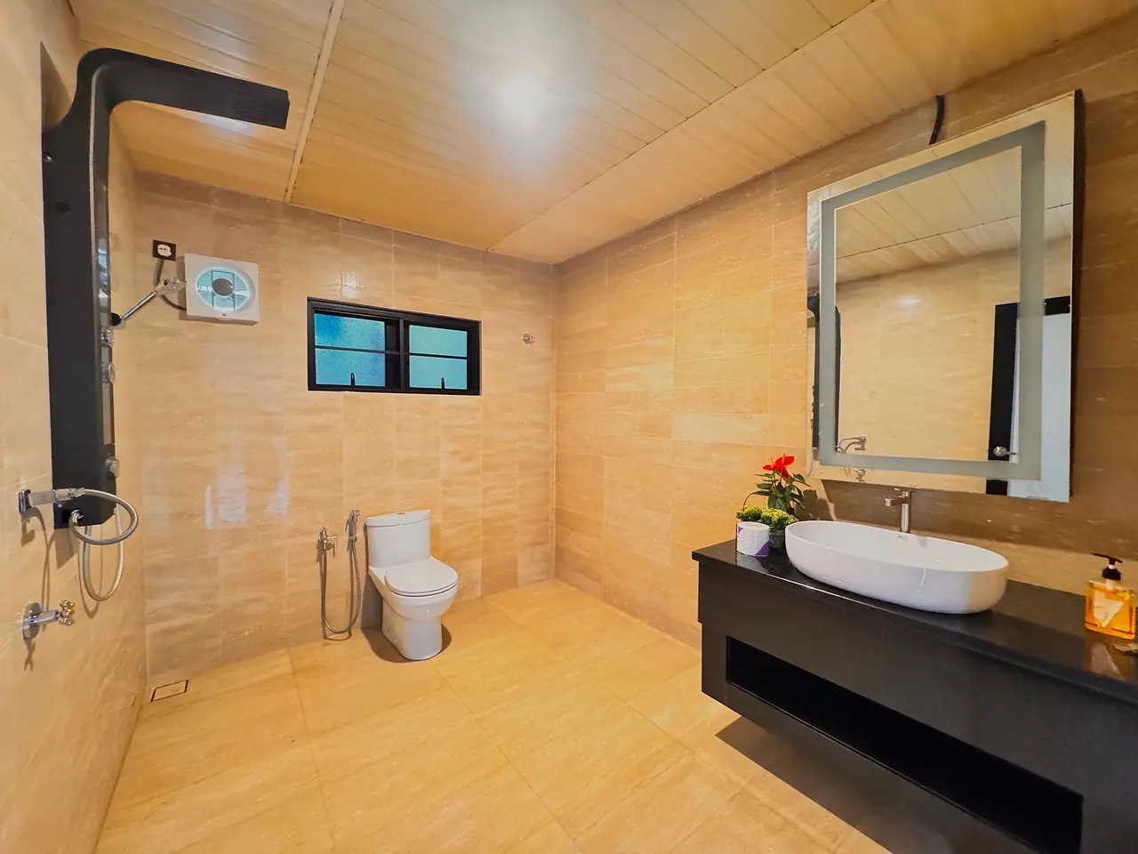 The bathroom beside the family room: a shower panel, basin and toilet