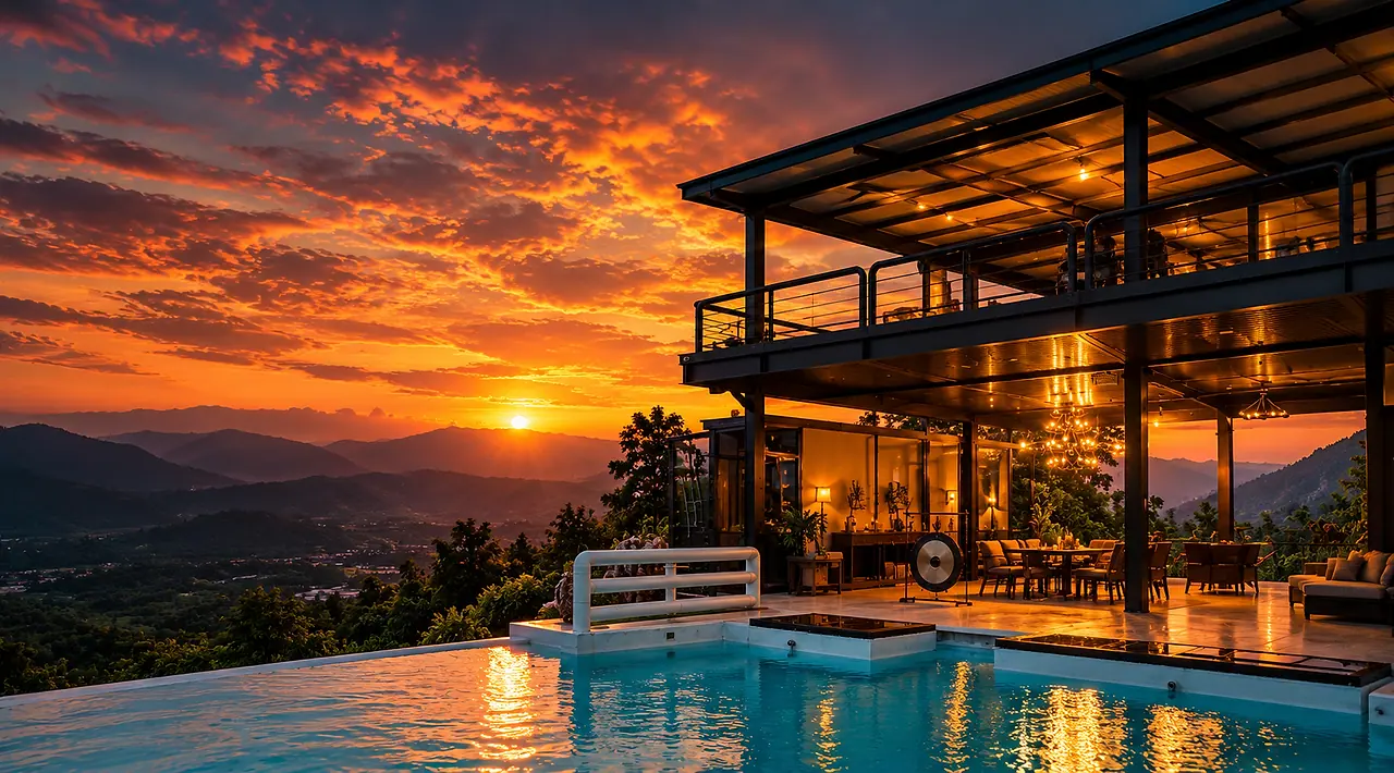 The villa at sunset: the pavilion and upper floor lit up above the pool, the sun setting over the hills and valley