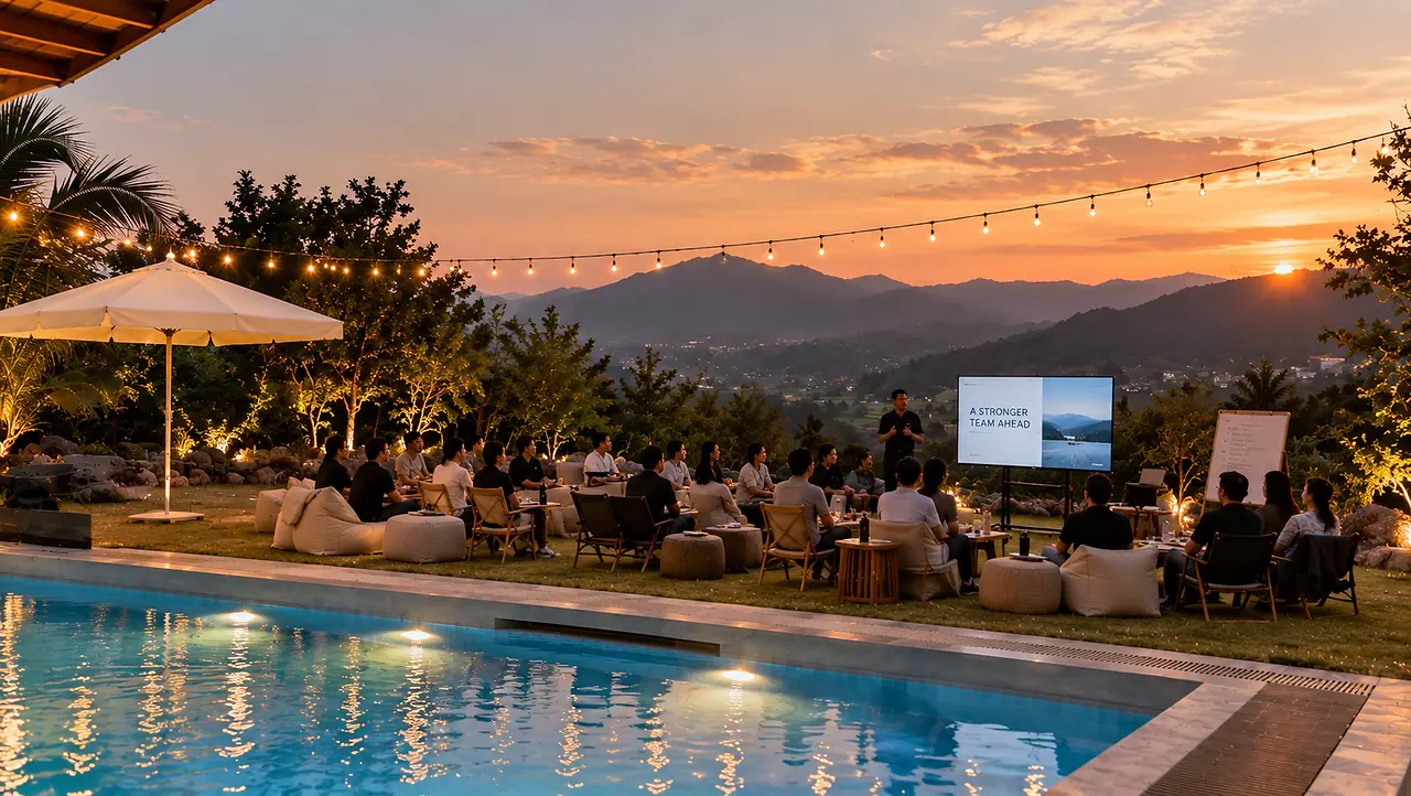 A team seated beside the pool at sunset, listening to a speaker at a screen under the string lights
