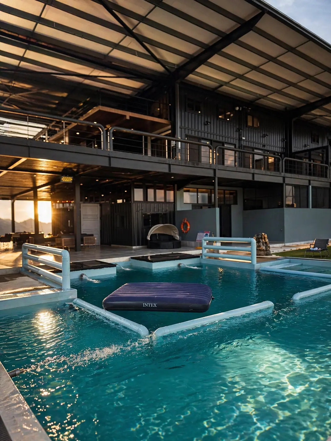 The pool and its loungers in warm evening light, the house behind