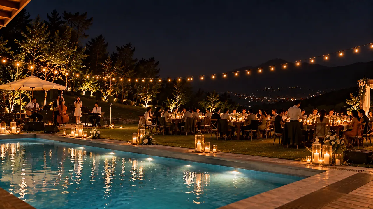 Guests at long tables on the lawn beside the lit pool at night, strings of lights overhead