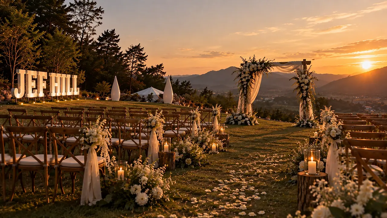 A wedding aisle of white flowers and candles leading to a floral arch on the lawn at sunset, the JEF HILL letters beside it
