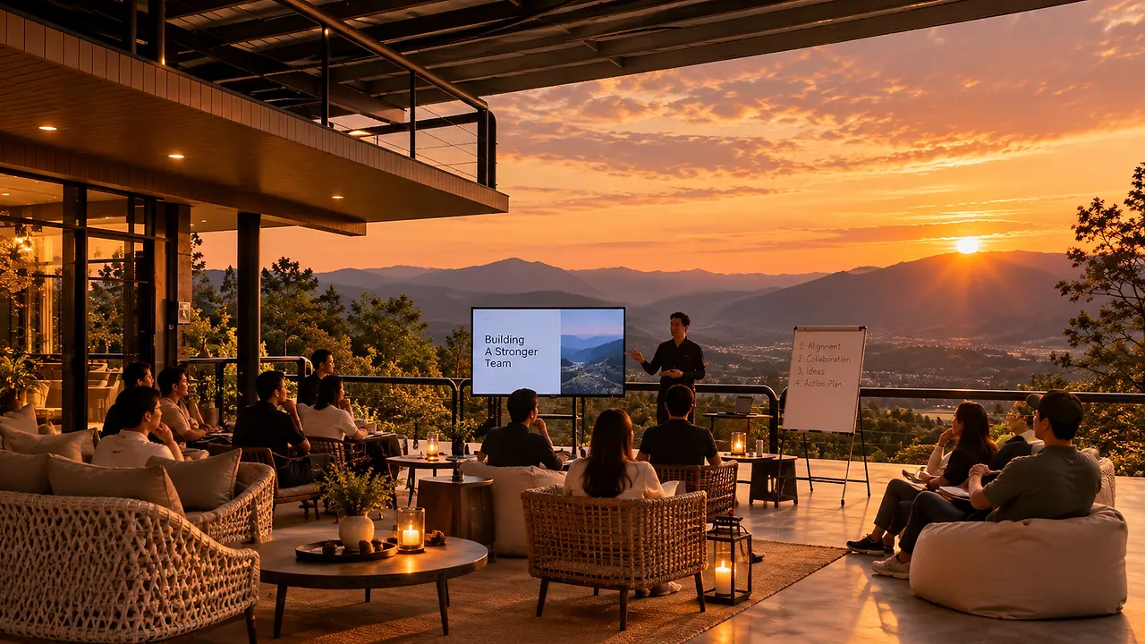 A team seated in armchairs on the terrace at sunset, watching a presentation on a screen