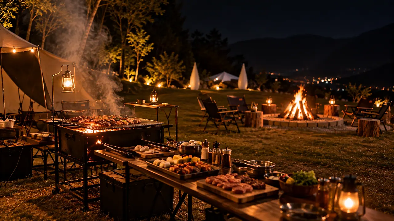 An evening BBQ spread on the lawn with lanterns, smoke from the grill and a campfire beyond