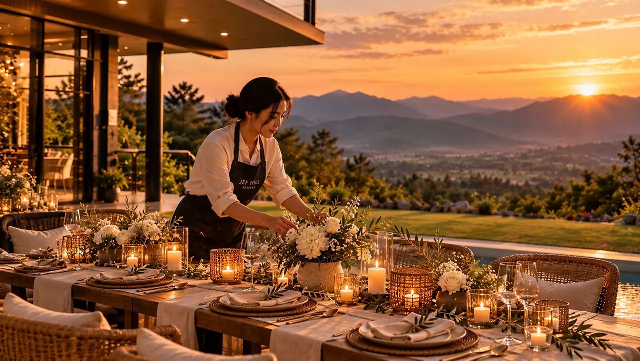 A host arranging flowers and candles on a long dinner table at sunset, the hills behind