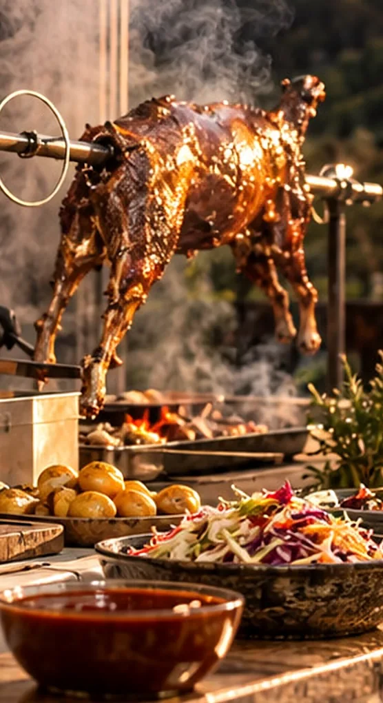 A whole lamb turning on a spit over the fire, smoke rising, with baked potatoes and coleslaw on the serving table in front