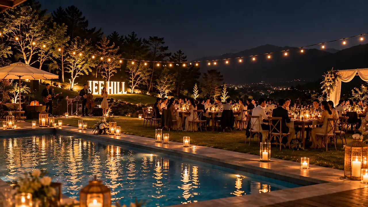 Long dinner tables beside the lit pool at night under strings of lights
