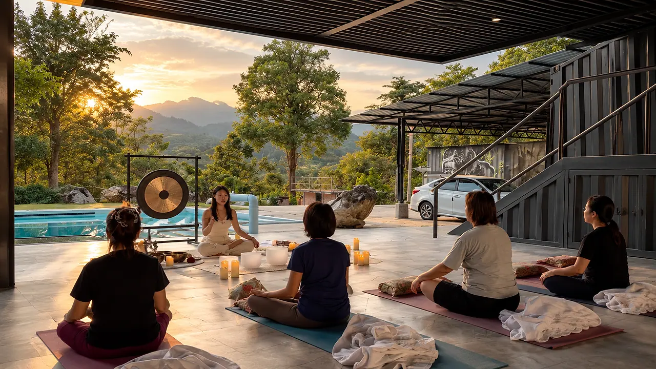 A small group seated on mats beside a gong under the pavilion roof, the pool and trees beyond