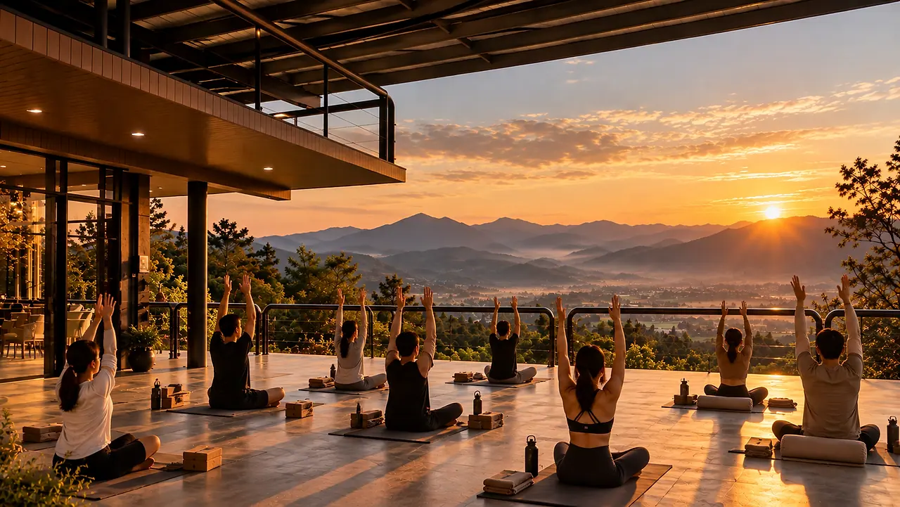A group doing yoga on the terrace at sunrise, mist over the hills